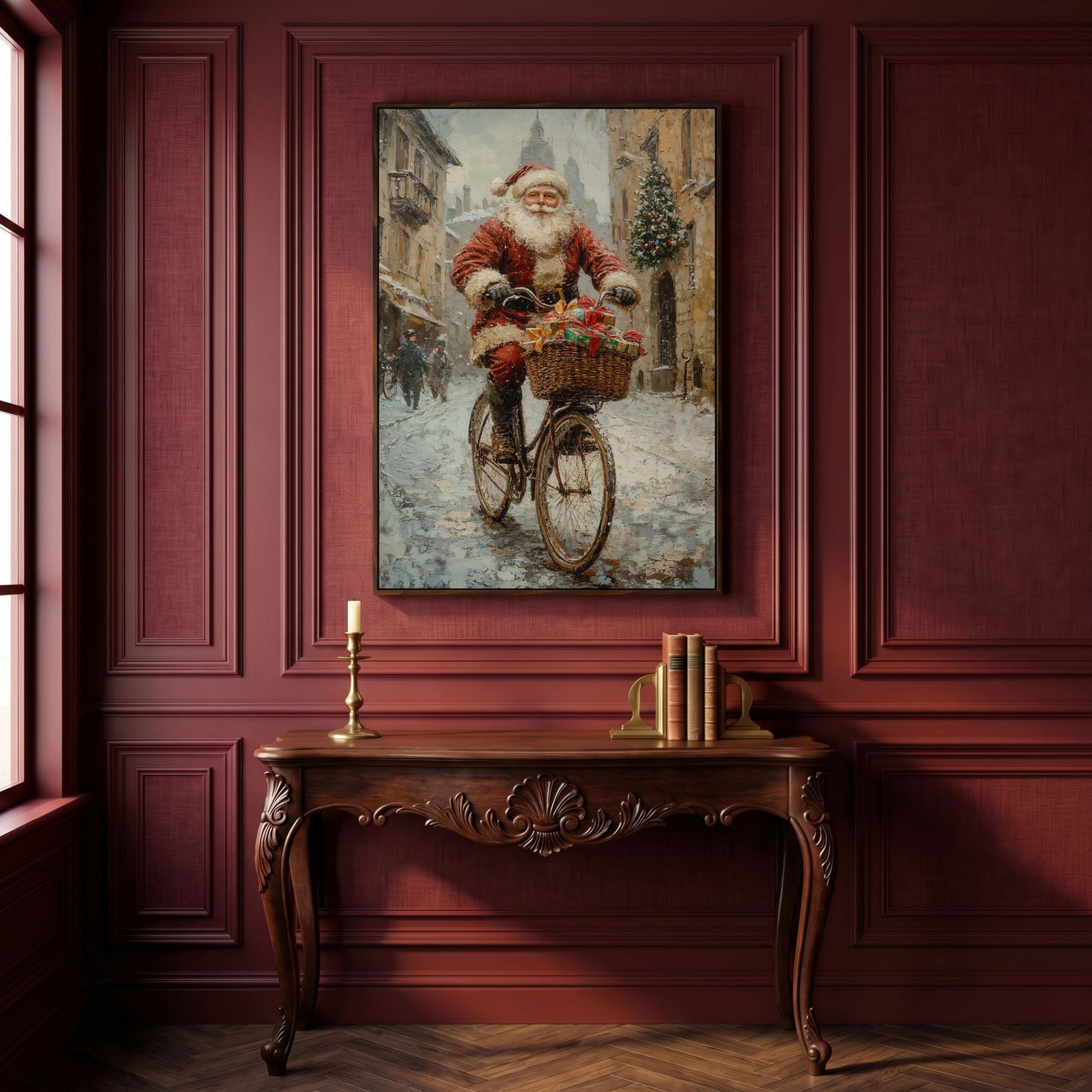 Santa on Bicycle Canvas Wall Art with Winter Street Scene in dark walnut floating frame