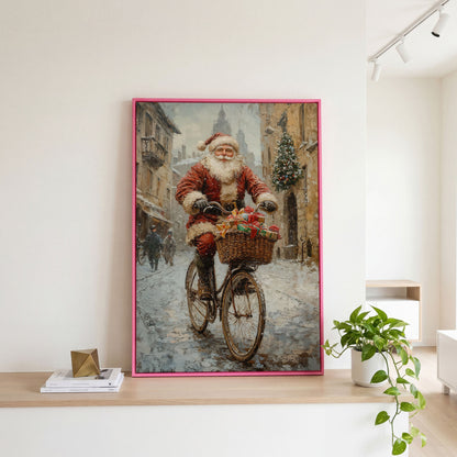 Santa on Bicycle Canvas Wall Art with Winter Street Scene in pink floating frame
