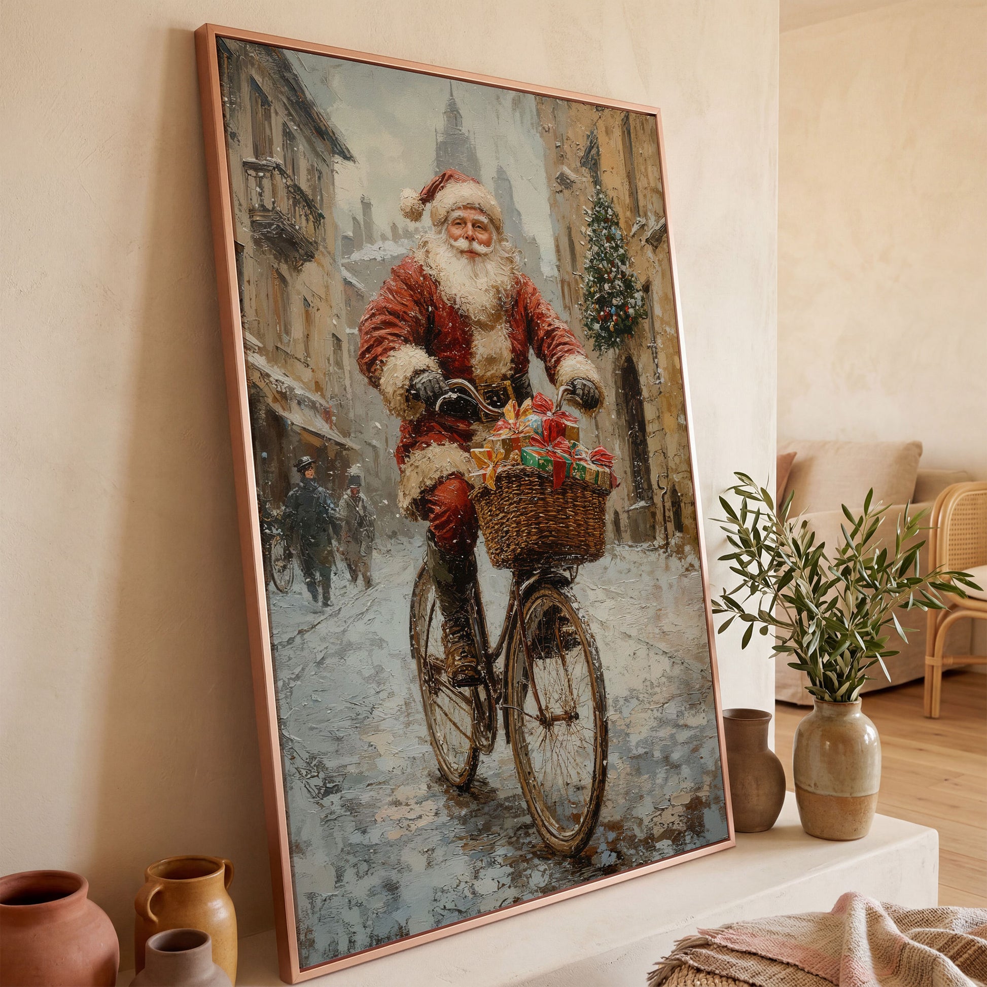 Santa on Bicycle Canvas Wall Art with Winter Street Scene in rose gold floating frame