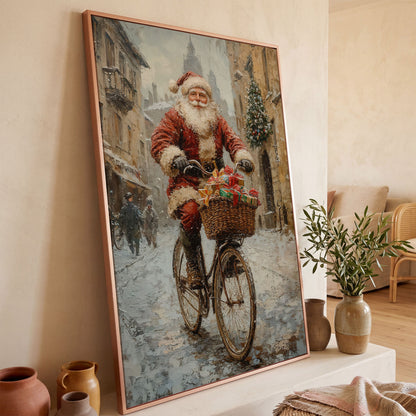 Santa on Bicycle Canvas Wall Art with Winter Street Scene in rose gold floating frame