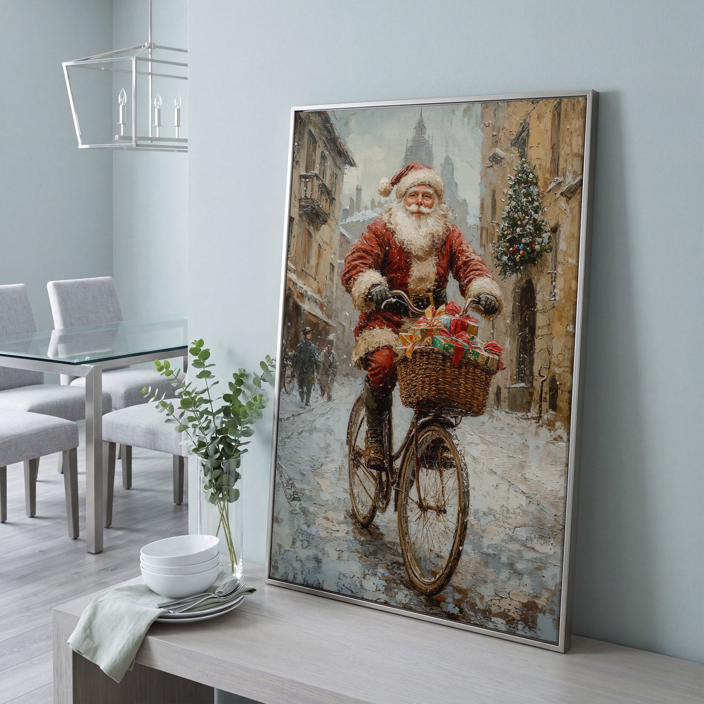 Santa on Bicycle Canvas Wall Art with Winter Street Scene in silver floating frame