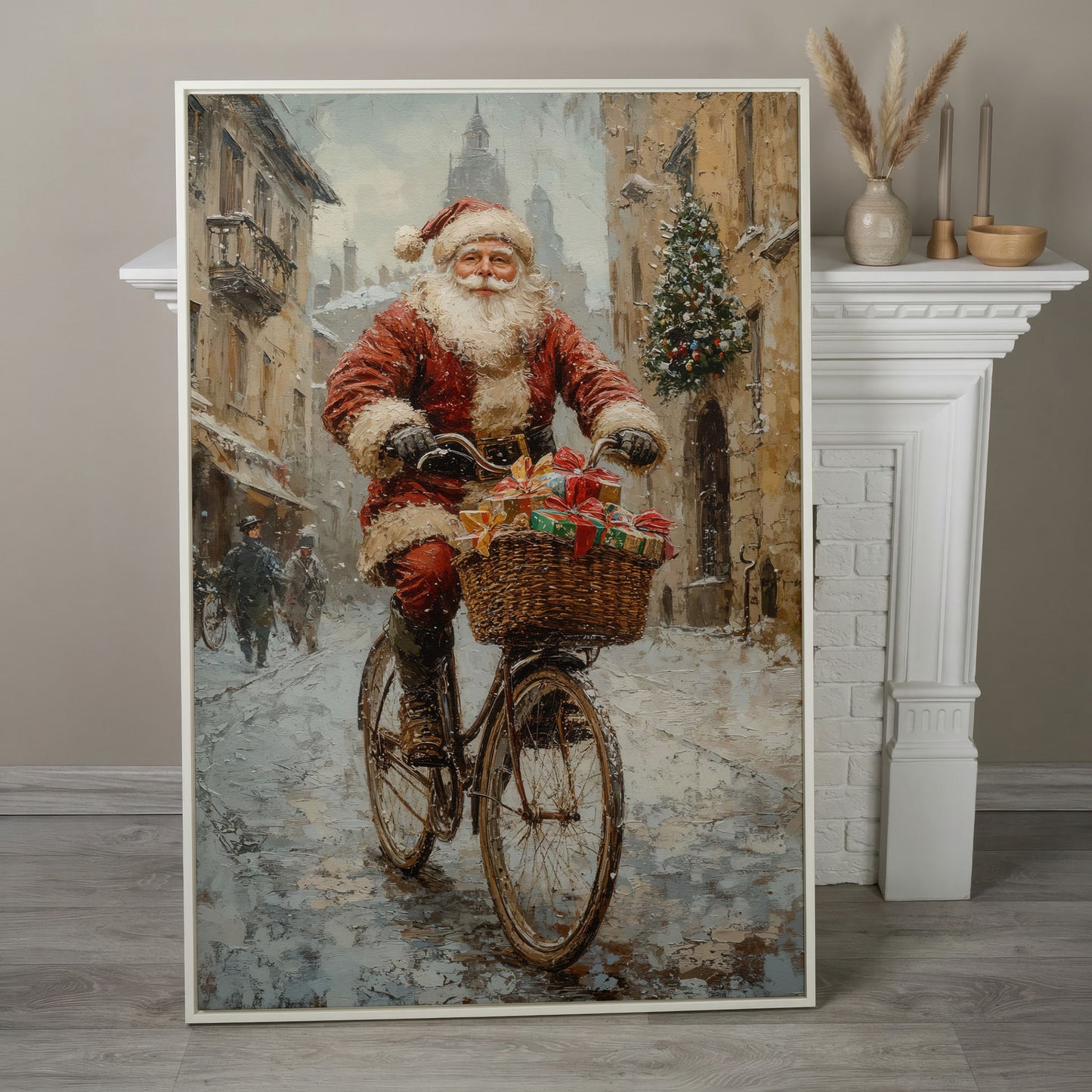 Santa on Bicycle Canvas Wall Art with Winter Street Scene in white floating frame