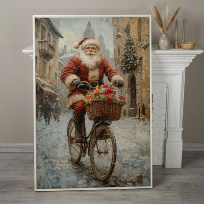 Santa on Bicycle Canvas Wall Art with Winter Street Scene in white floating frame