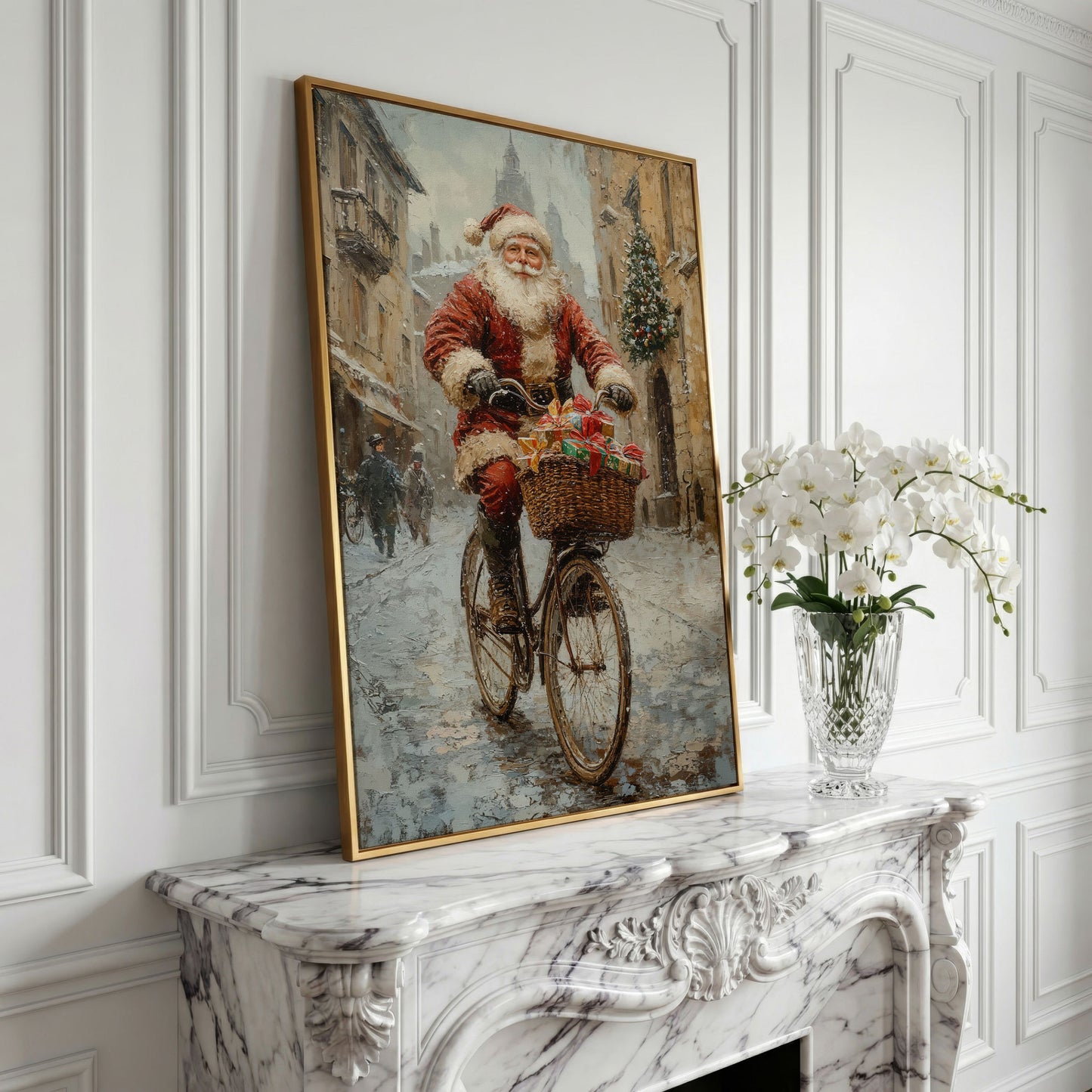 Santa on Bicycle Canvas Wall Art with Winter Street Scene in yellow gold floating frame