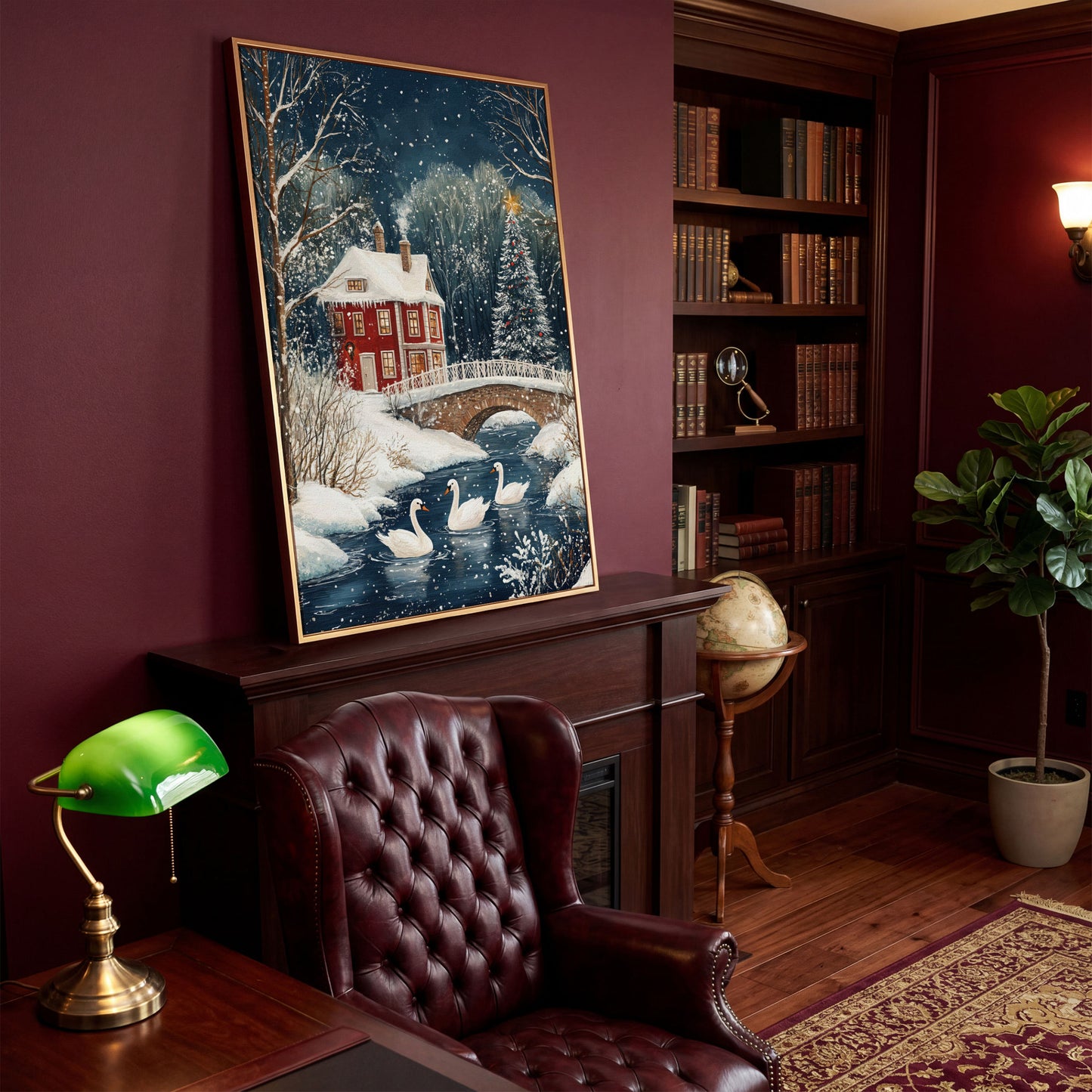 Winter Wonderland Snowy House Canvas Print in antique gold floating frame