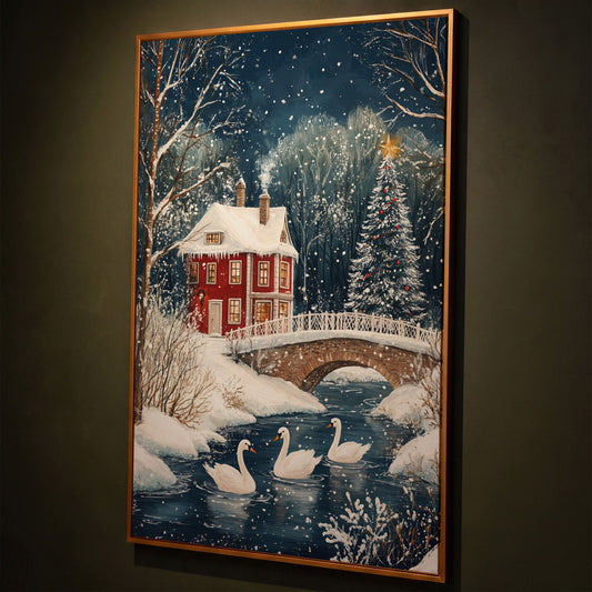 Winter Wonderland Snowy House Canvas Print shown in antique gold floating frame