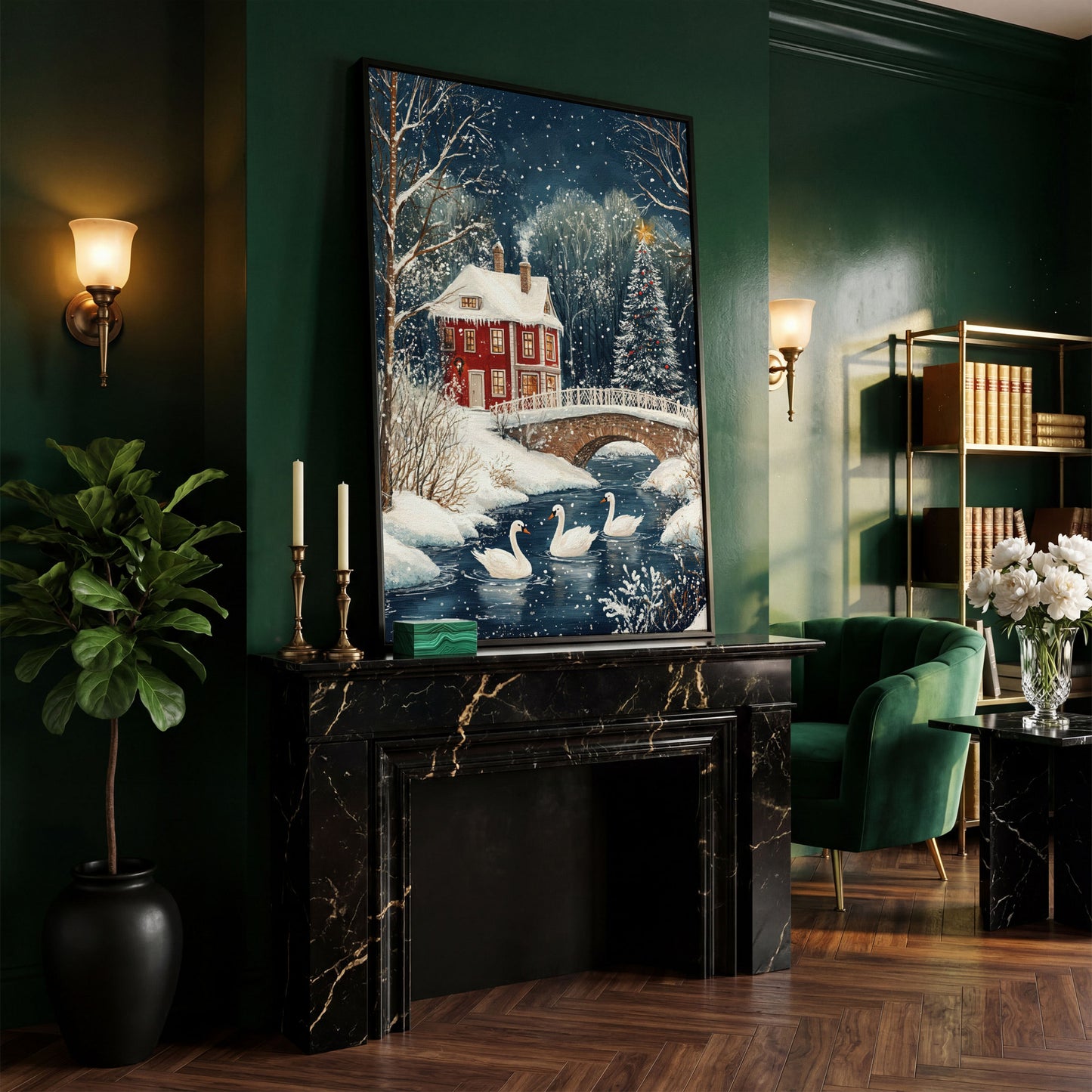 Winter Wonderland Snowy House Canvas Print in black floating frame