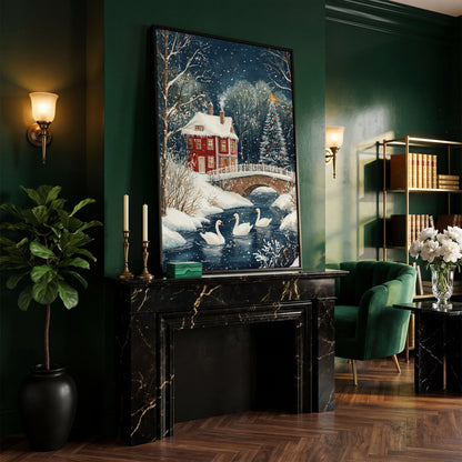 Winter Wonderland Snowy House Canvas Print in black floating frame