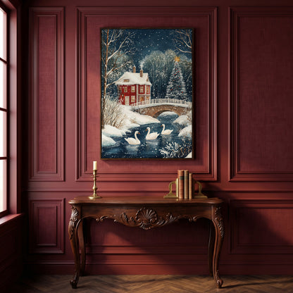 Winter Wonderland Snowy House Canvas Print in dark walnut floating frame