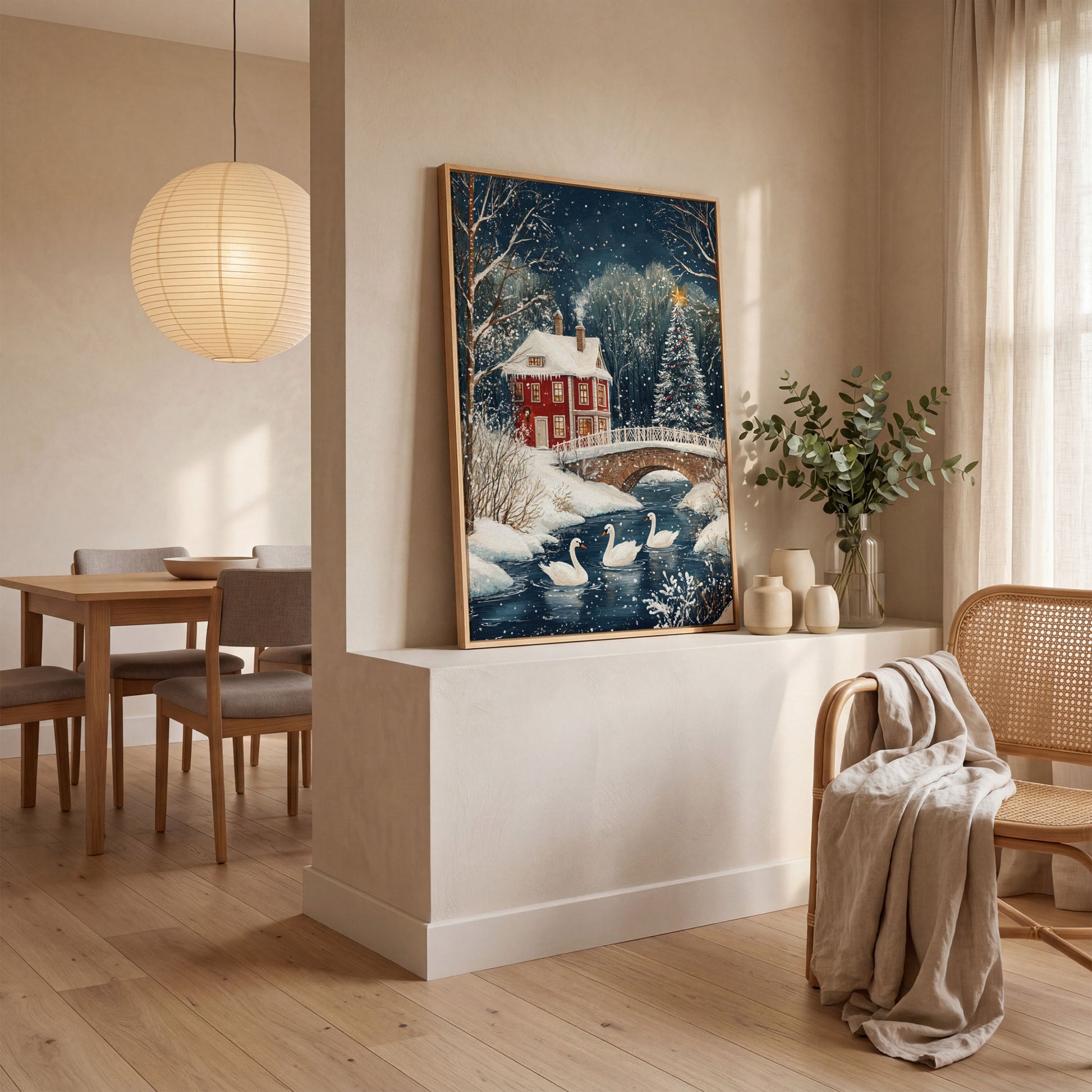 Winter Wonderland Snowy House Canvas Print in white oak floating frame