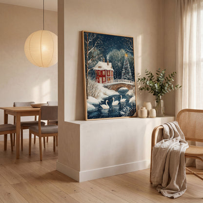 Winter Wonderland Snowy House Canvas Print in white oak floating frame