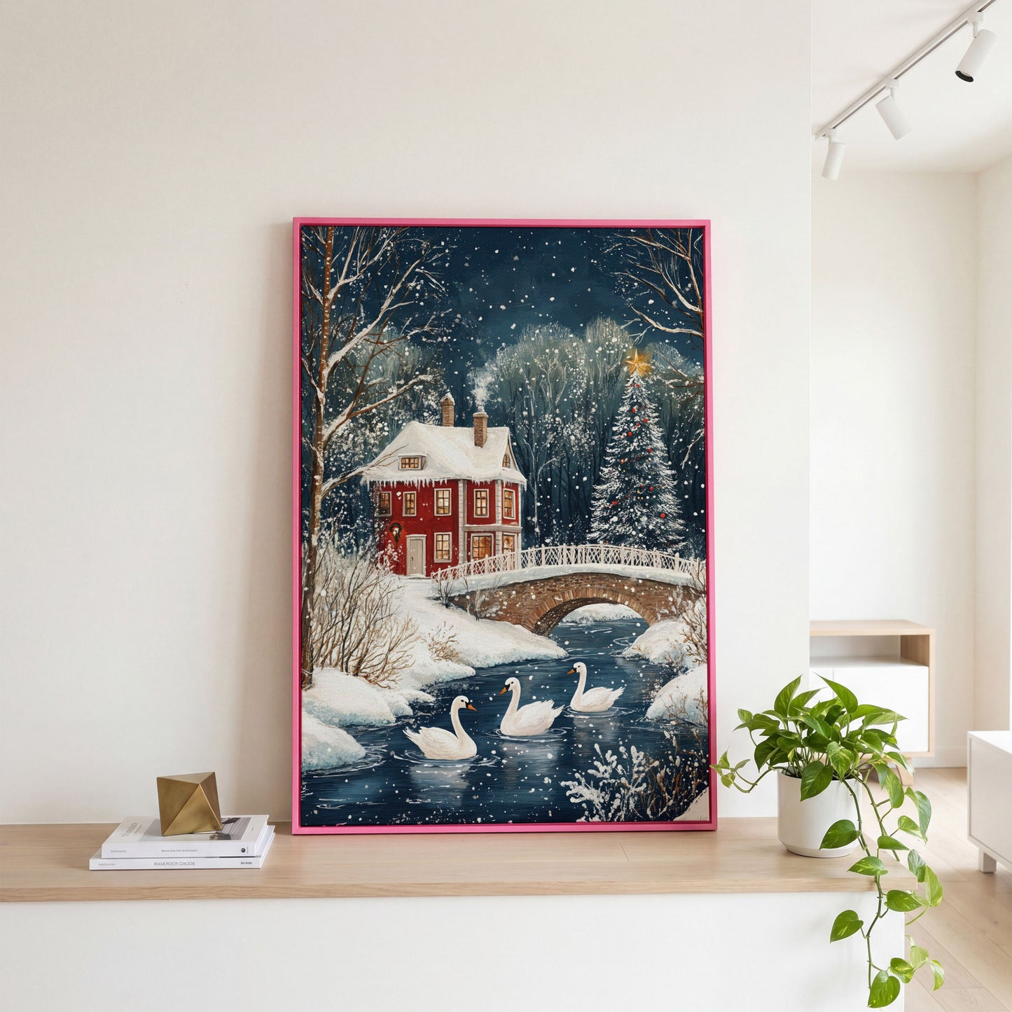 Winter Wonderland Snowy House Canvas Print in pink floating frame