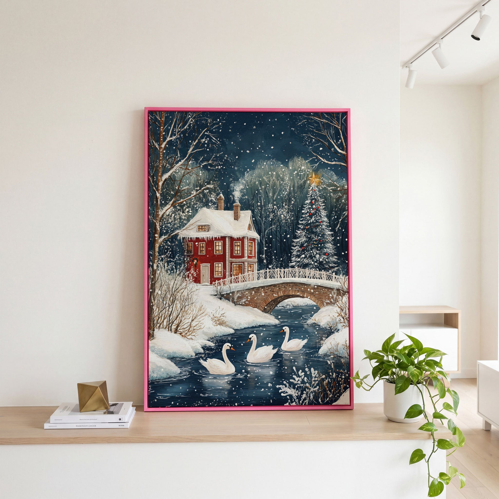 Winter Wonderland Snowy House Canvas Print in pink floating frame
