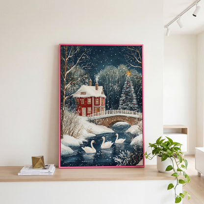 Winter Wonderland Snowy House Canvas Print in pink floating frame