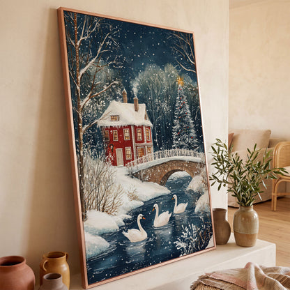 Winter Wonderland Snowy House Canvas Print in rose gold floating frame