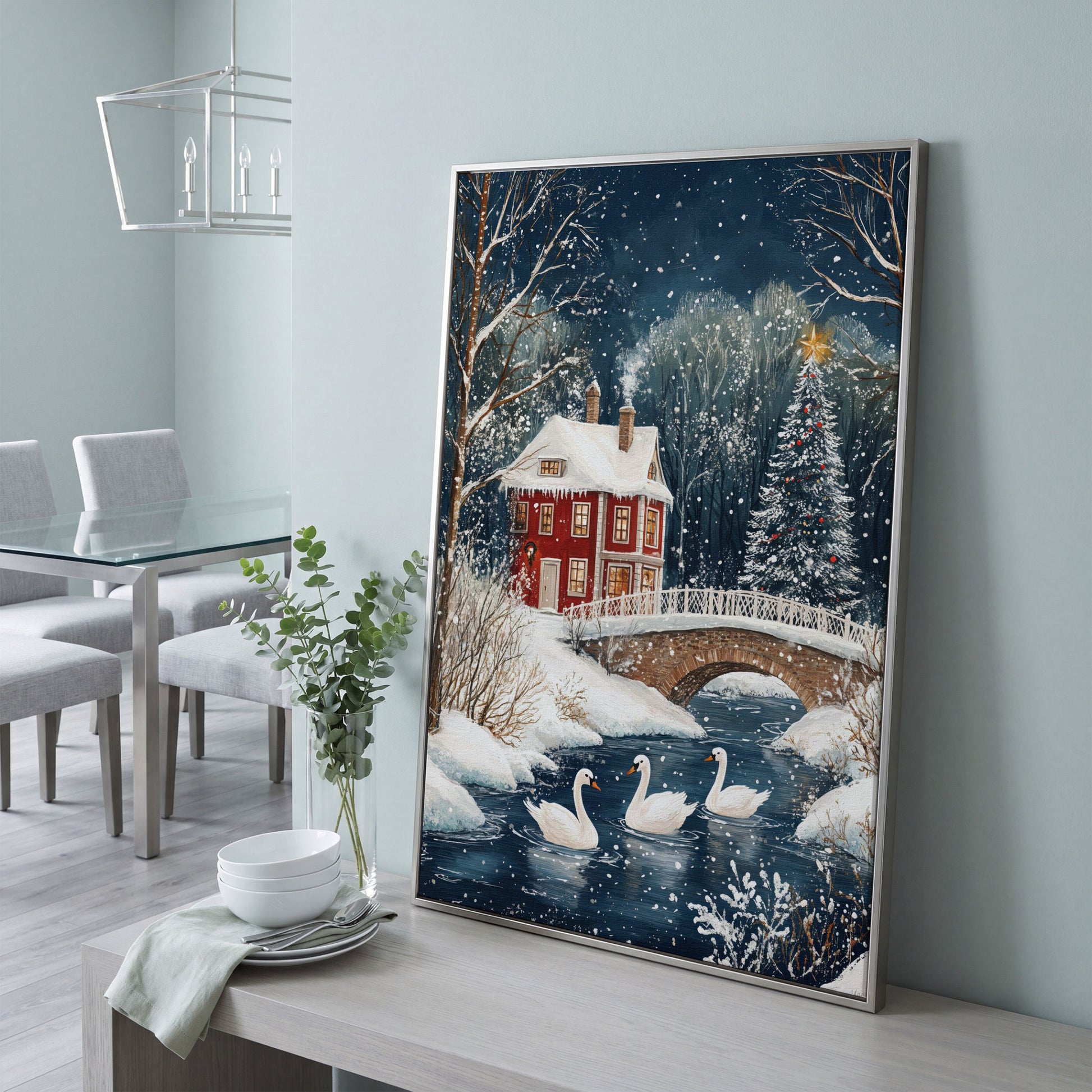 Winter Wonderland Snowy House Canvas Print in silver floating frame