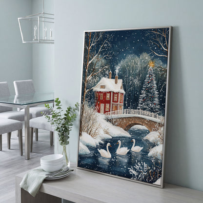 Winter Wonderland Snowy House Canvas Print in silver floating frame