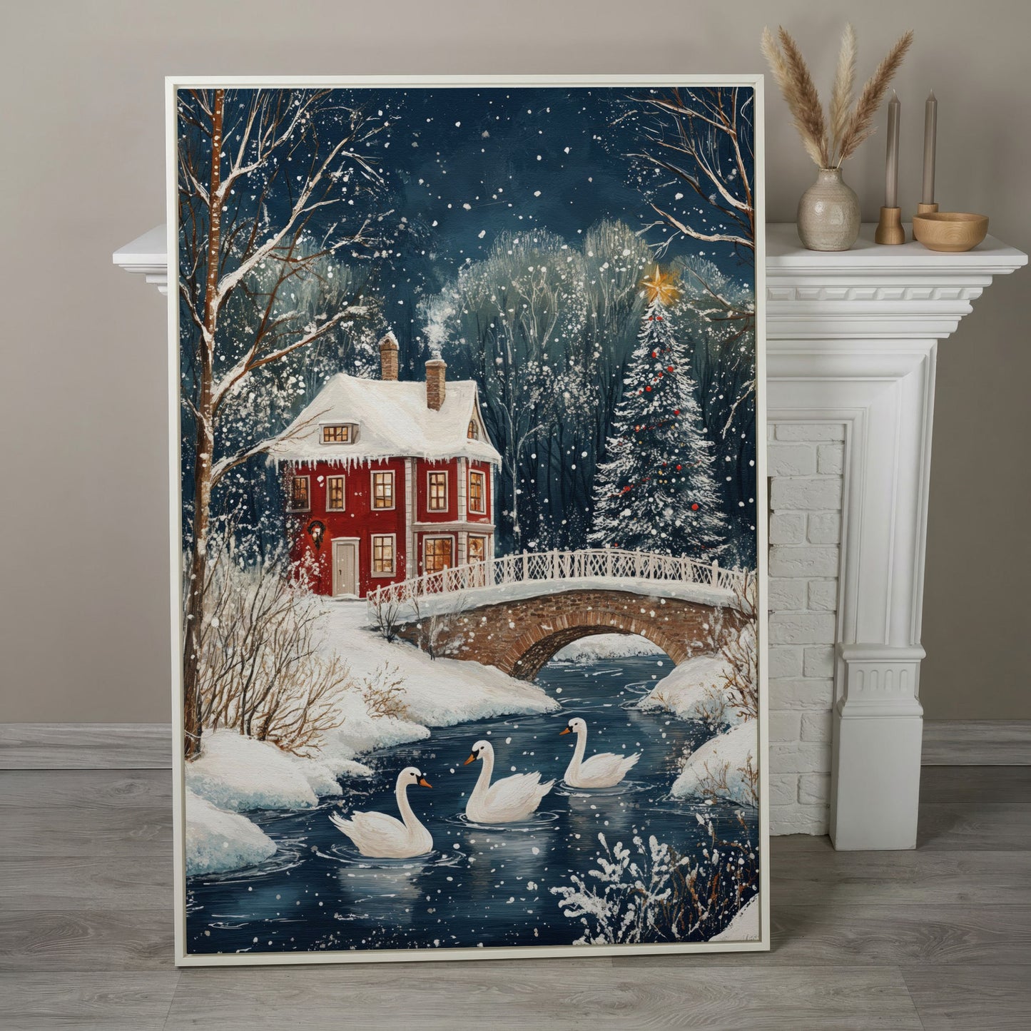 Winter Wonderland Snowy House Canvas Print in white floating frame