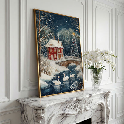 Winter Wonderland Snowy House Canvas Print in yellow gold floating frame