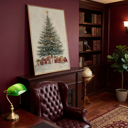 Lush Christmas Tree with Watercolor Presents Canvas in antique gold floating frame
