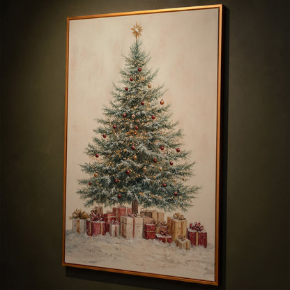 Lush Christmas Tree with Watercolor Presents Canvas shown in antique gold floating frame