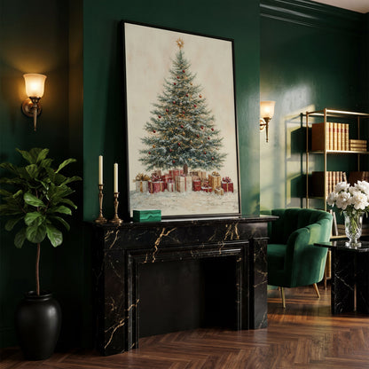 Lush Christmas Tree with Watercolor Presents Canvas in black floating frame