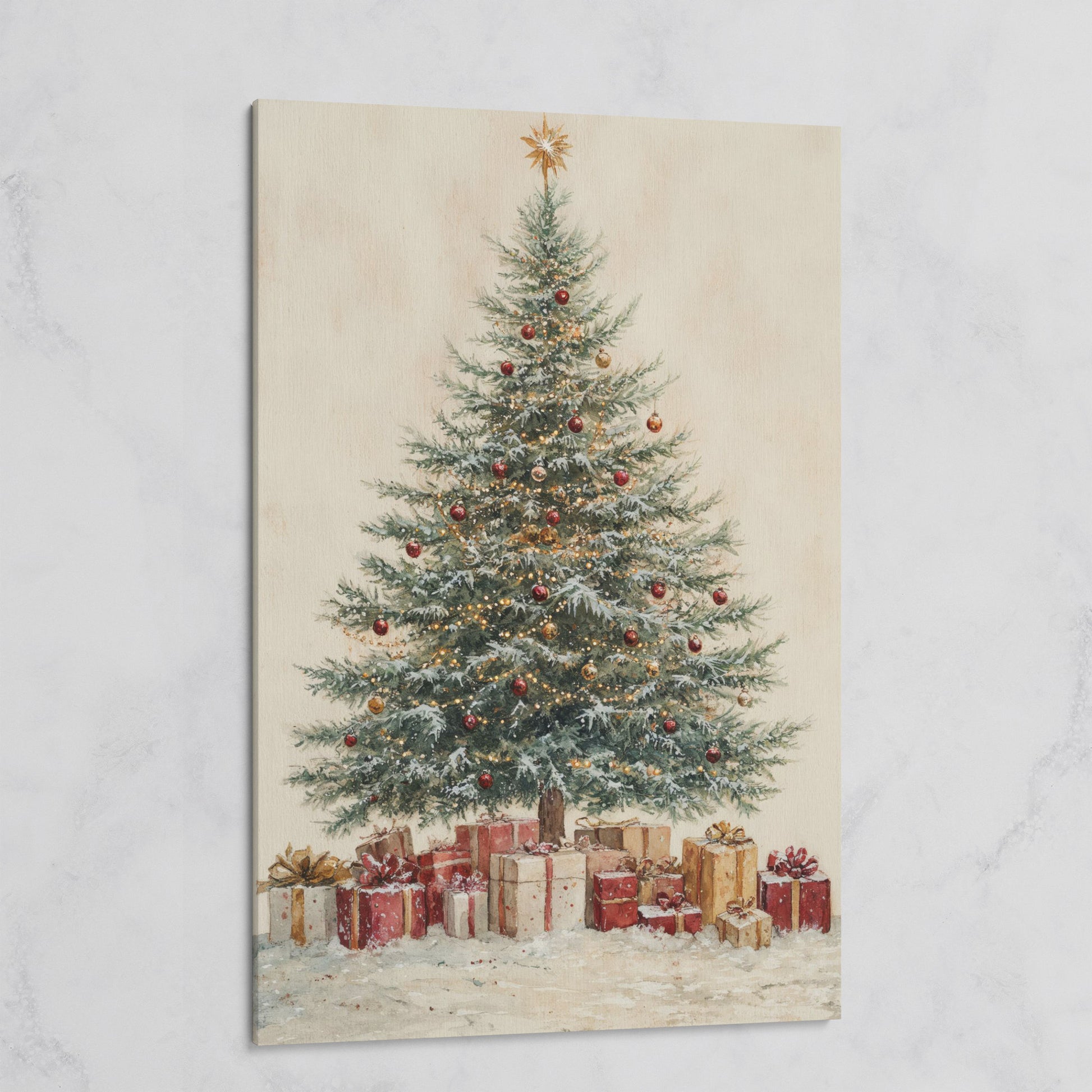 Lush Christmas Tree with Watercolor Presents Canvas on gallery wrap