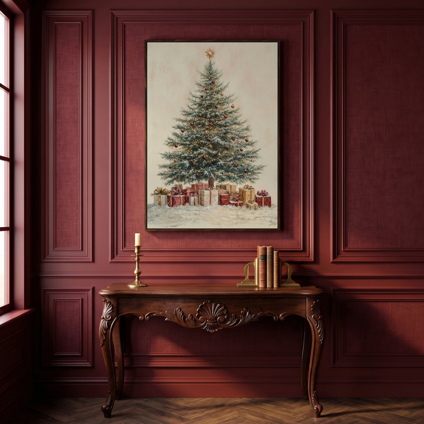 Lush Christmas Tree with Watercolor Presents Canvas in dark walnut floating frame