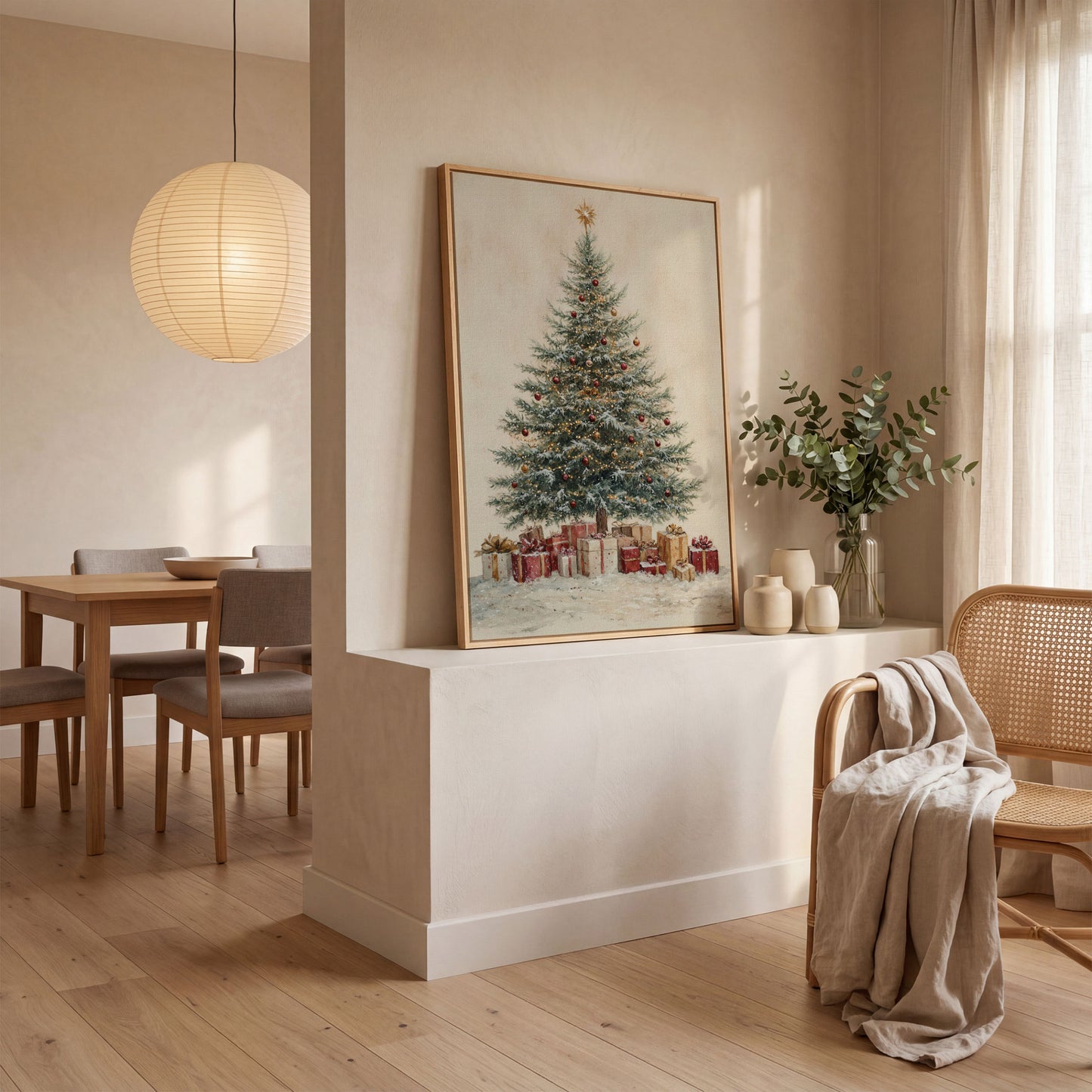 Lush Christmas Tree with Watercolor Presents Canvas in white oak floating frame
