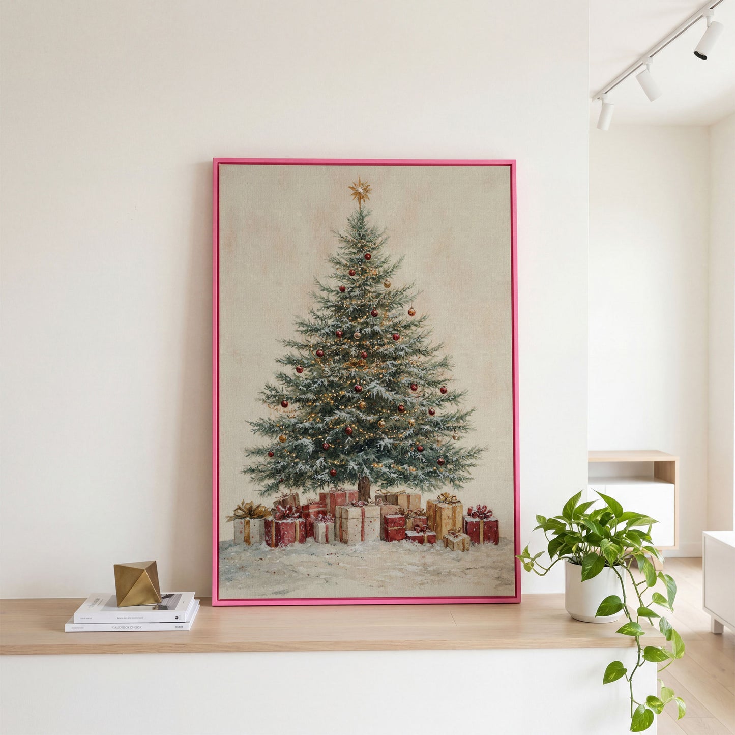 Lush Christmas Tree with Watercolor Presents Canvas in pink floating frame