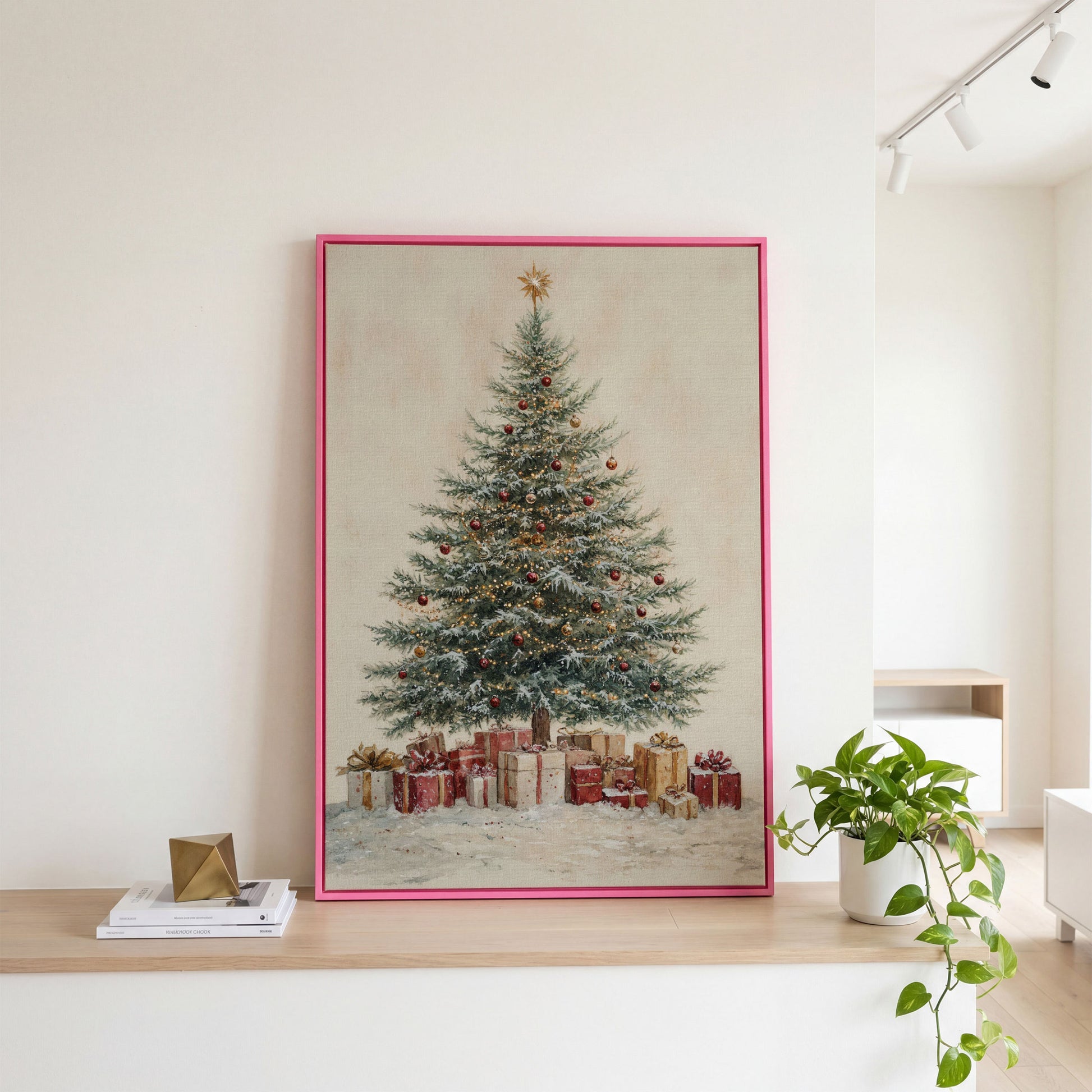 Lush Christmas Tree with Watercolor Presents Canvas in pink floating frame