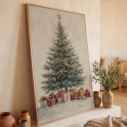 Lush Christmas Tree with Watercolor Presents Canvas in rose gold floating frame