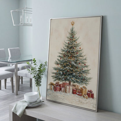 Lush Christmas Tree with Watercolor Presents Canvas in silver floating frame