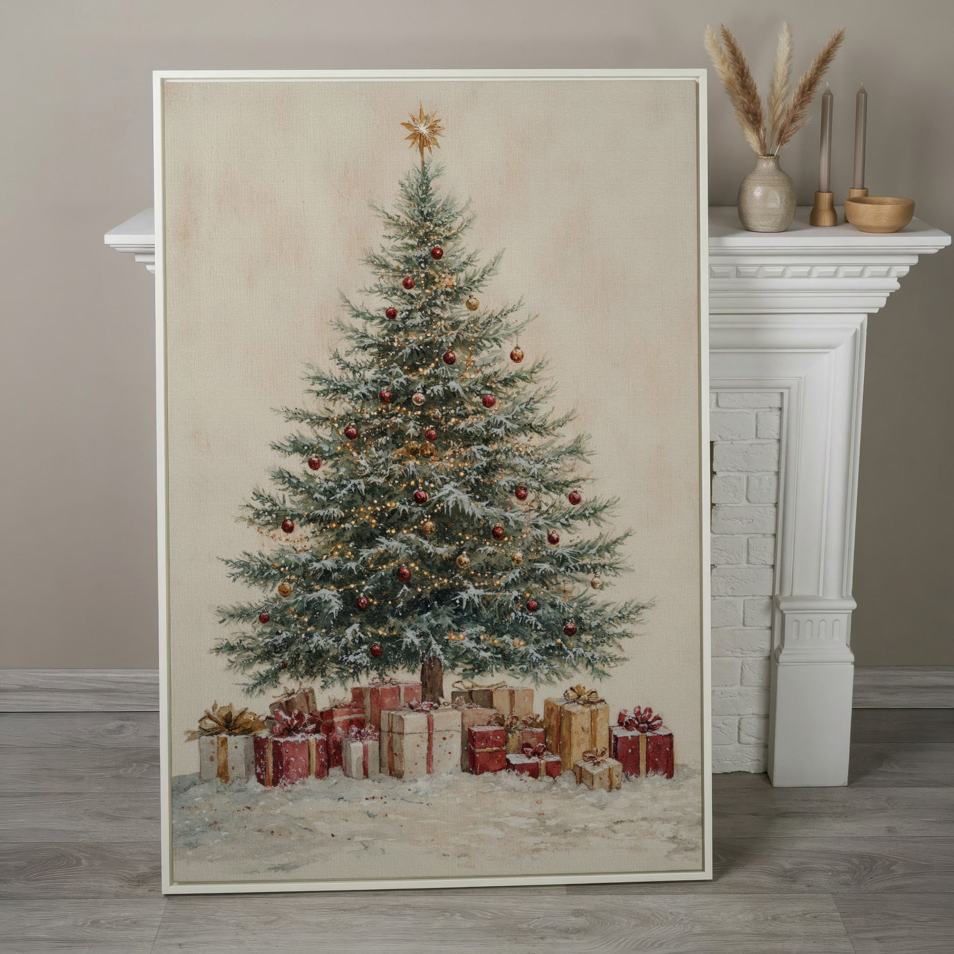 Lush Christmas Tree with Watercolor Presents Canvas in white floating frame