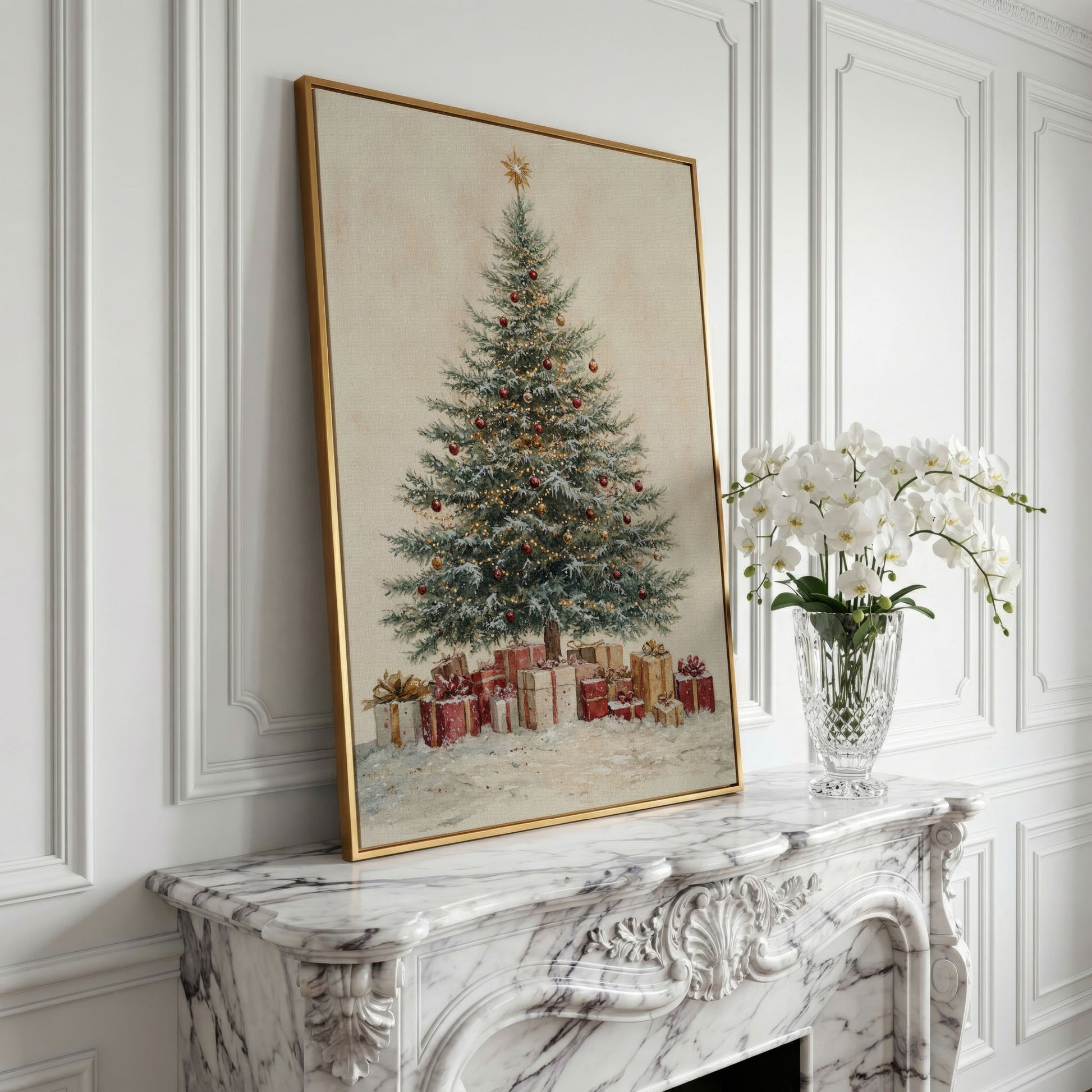Lush Christmas Tree with Watercolor Presents Canvas in yellow gold floating frame