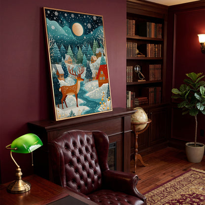 Fantasy Snowy Landscape with Reindeer and Full Moon Canvas in antique gold floating frame