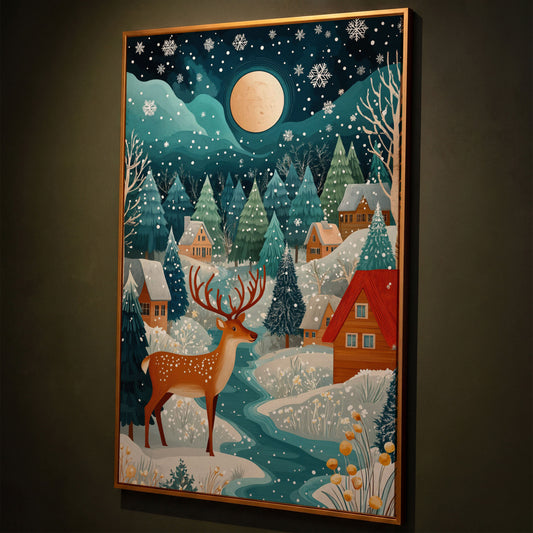 Fantasy Snowy Landscape with Reindeer and Full Moon Canvas shown in antique gold floating frame