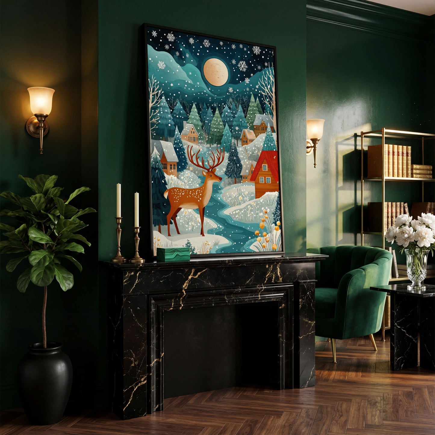 Fantasy Snowy Landscape with Reindeer and Full Moon Canvas in black floating frame