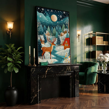 Fantasy Snowy Landscape with Reindeer and Full Moon Canvas in black floating frame