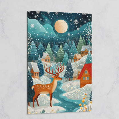 Fantasy Snowy Landscape with Reindeer and Full Moon Canvas on gallery wrap