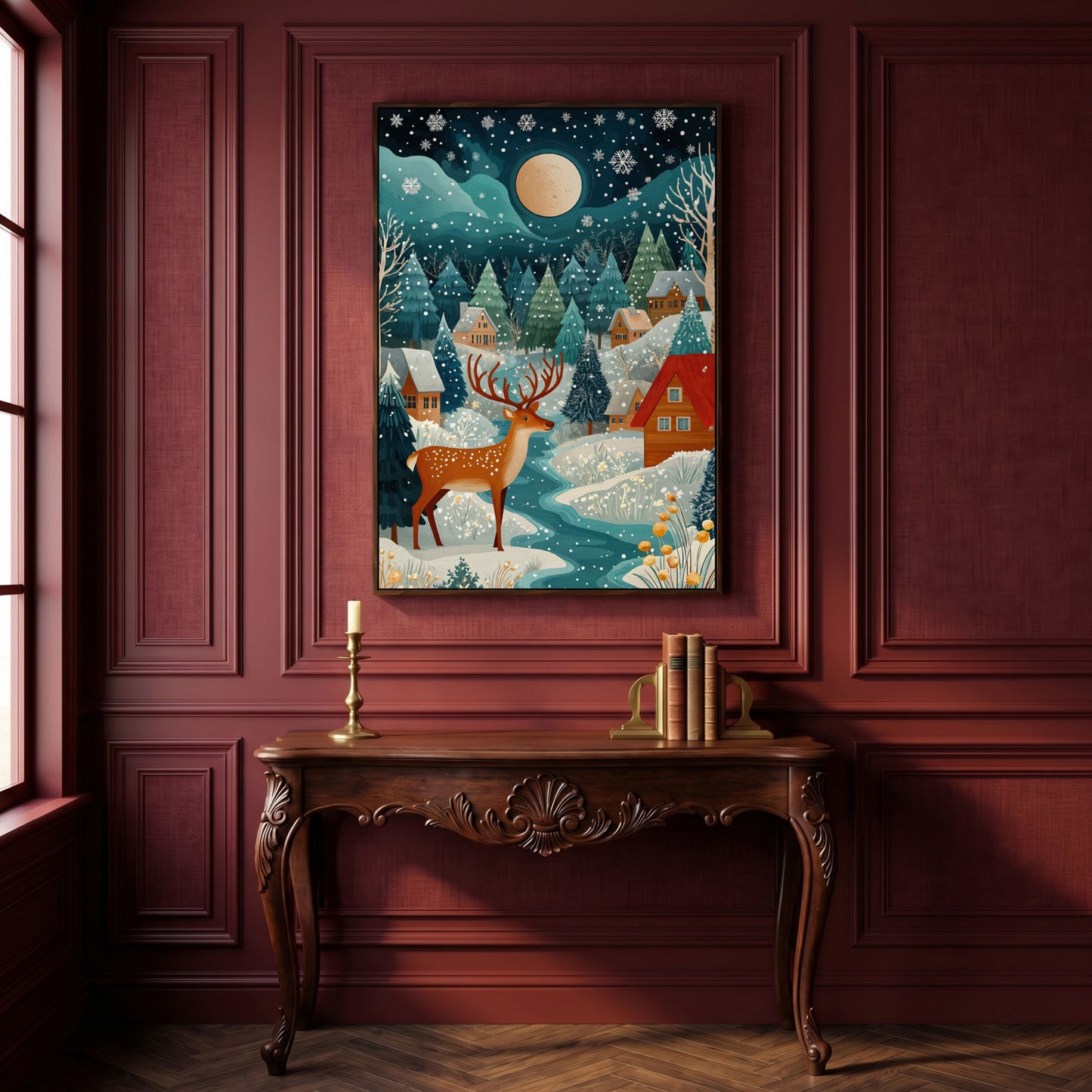 Fantasy Snowy Landscape with Reindeer and Full Moon Canvas in dark walnut floating frame