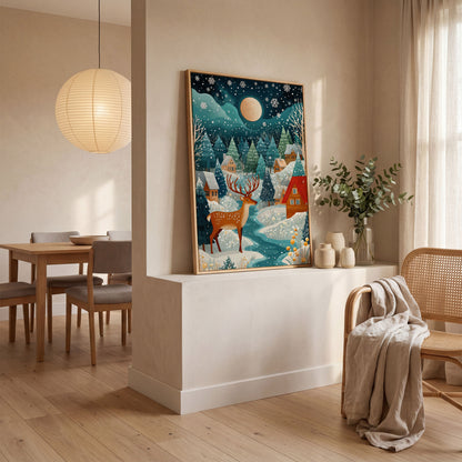 Fantasy Snowy Landscape with Reindeer and Full Moon Canvas in white oak floating frame
