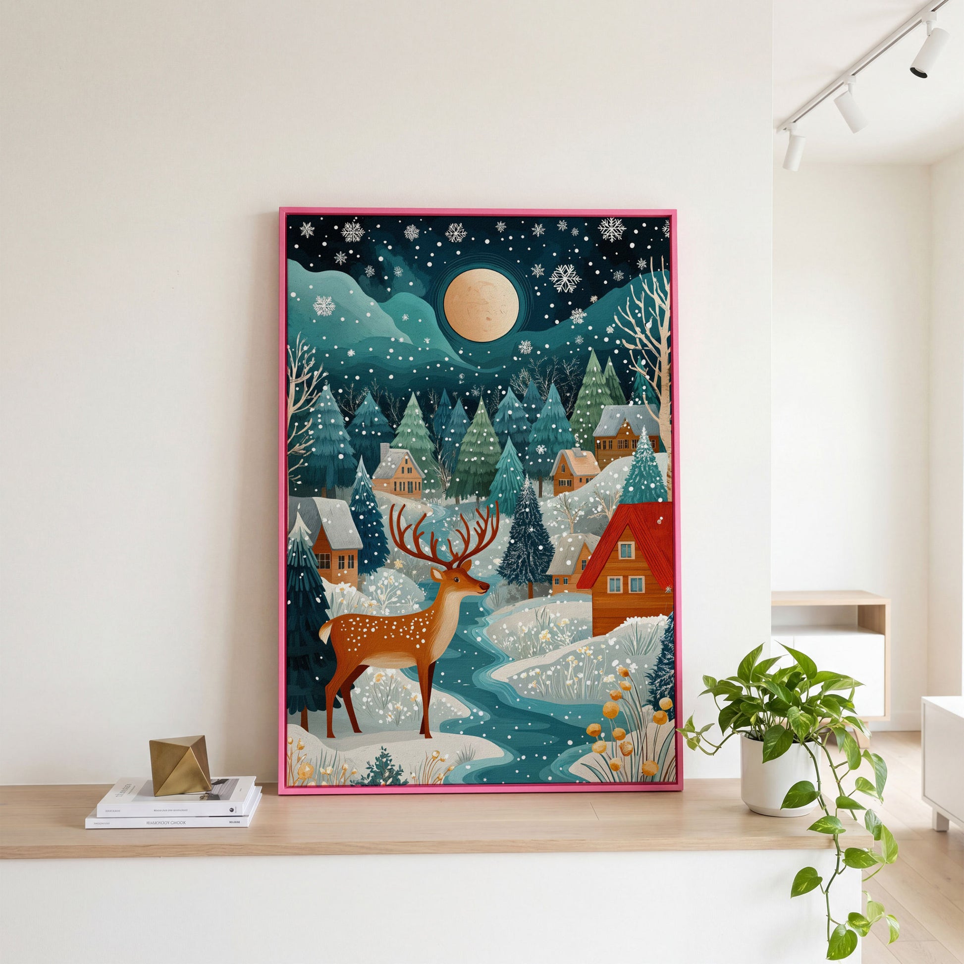 Fantasy Snowy Landscape with Reindeer and Full Moon Canvas in pink floating frame