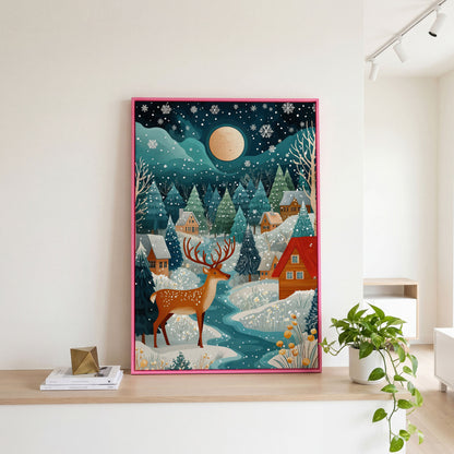 Fantasy Snowy Landscape with Reindeer and Full Moon Canvas in pink floating frame