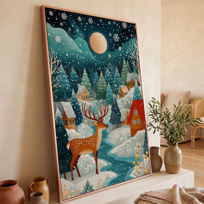 Fantasy Snowy Landscape with Reindeer and Full Moon Canvas in rose gold floating frame