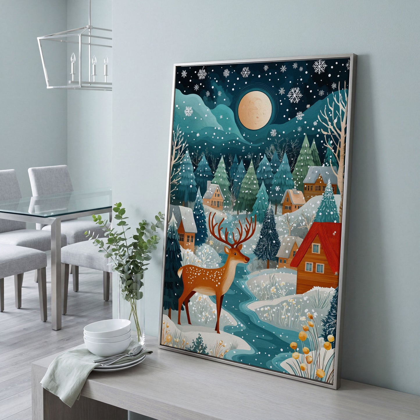 Fantasy Snowy Landscape with Reindeer and Full Moon Canvas in silver floating frame