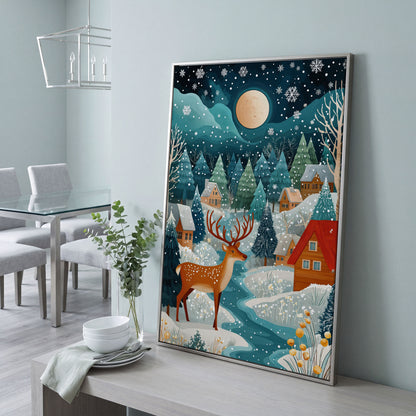 Fantasy Snowy Landscape with Reindeer and Full Moon Canvas in silver floating frame
