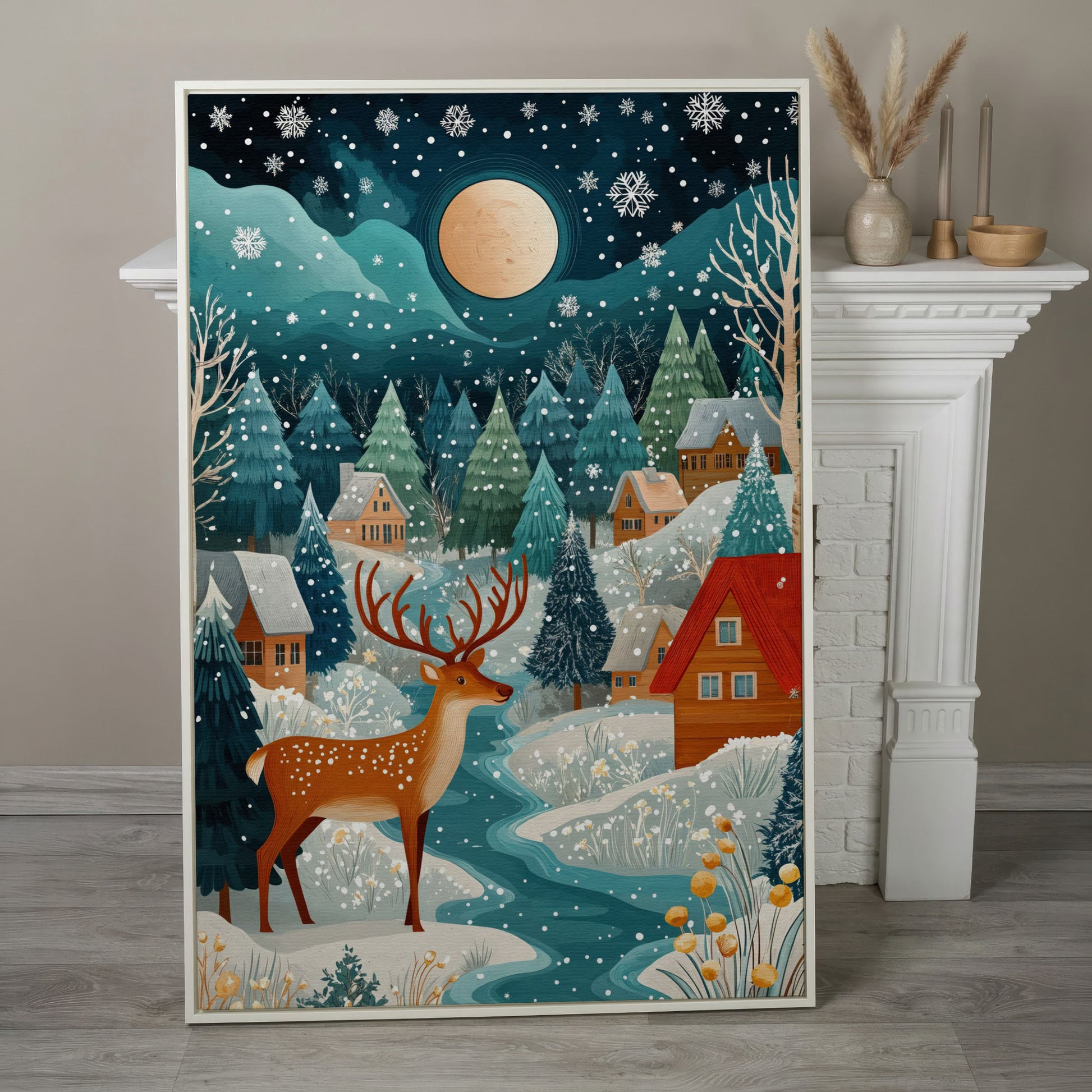 Fantasy Snowy Landscape with Reindeer and Full Moon Canvas in white floating frame