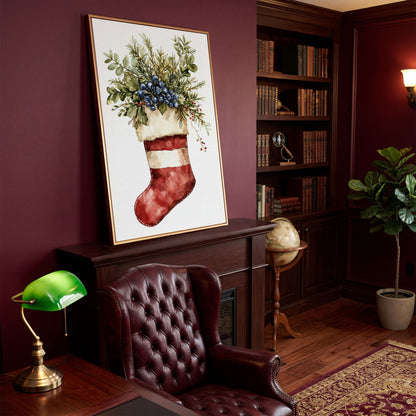 Red Stocking with Greenery and Berries Canvas in antique gold floating frame