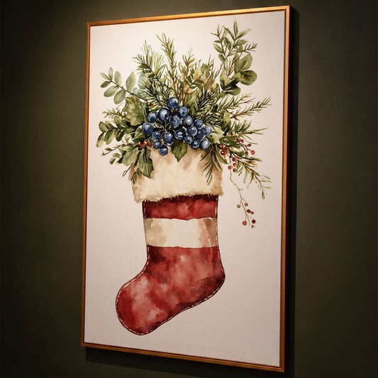 Red Stocking with Greenery and Berries Canvas shown in antique gold floating frame